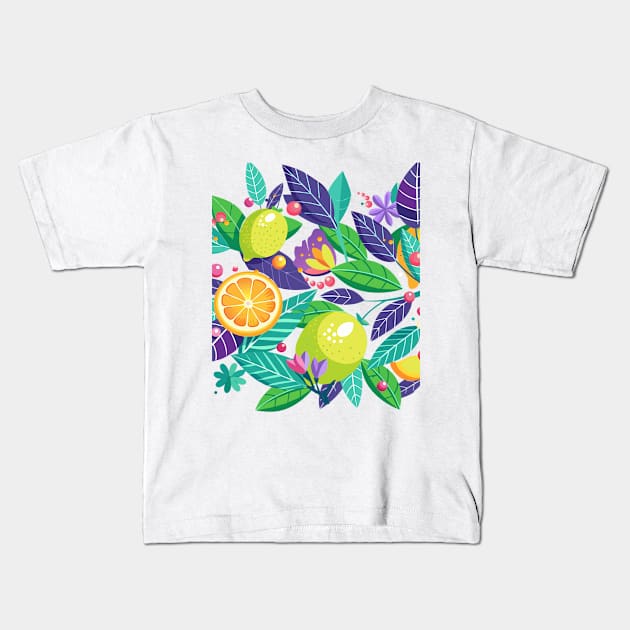 Funny Lemon leaves floral pattern fresh green lime citrus fruit exotic Lemonade, Neon Lemon, Tropical Summer Party gifts vintage decoration Kids T-Shirt by sofiartmedia